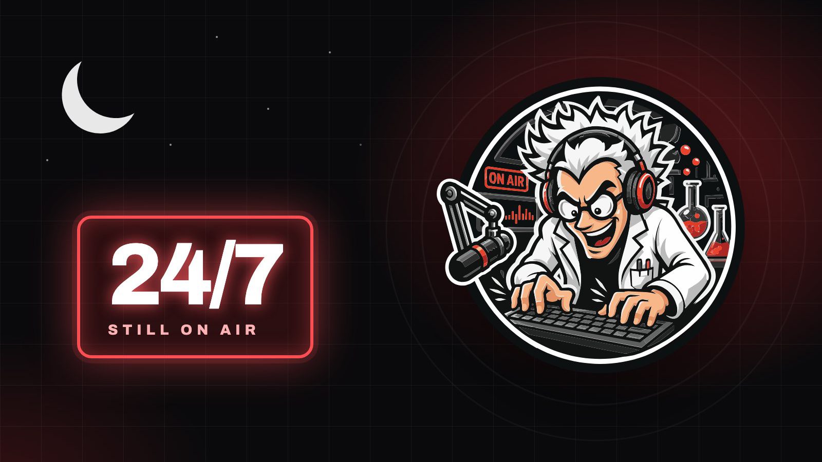 A glowing 24/7 ON AIR sign at night beside the Radio Content Lab mascot at his keyboard. A glowing 24 7 ON AIR sign at night beside the Radio Content Lab mascot at his keyboard