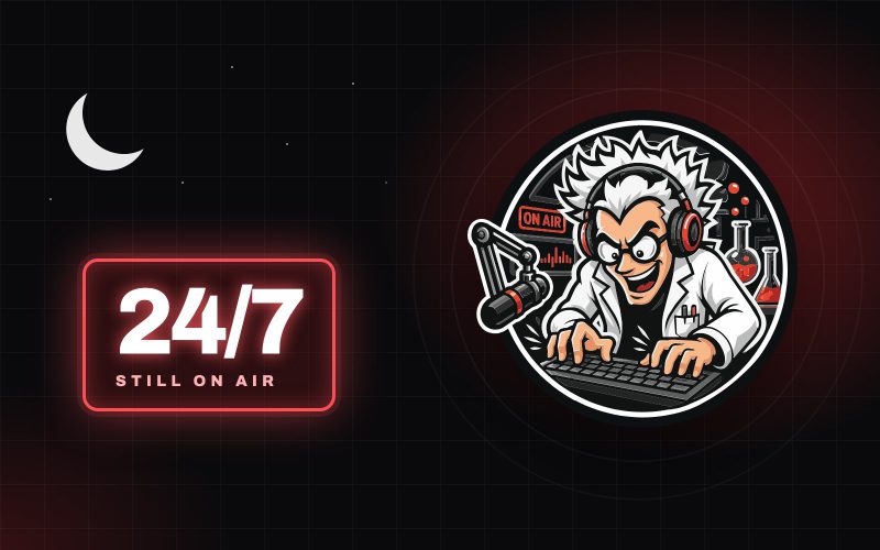 A glowing 24 7 ON AIR sign at night beside the Radio Content Lab mascot at his keyboard