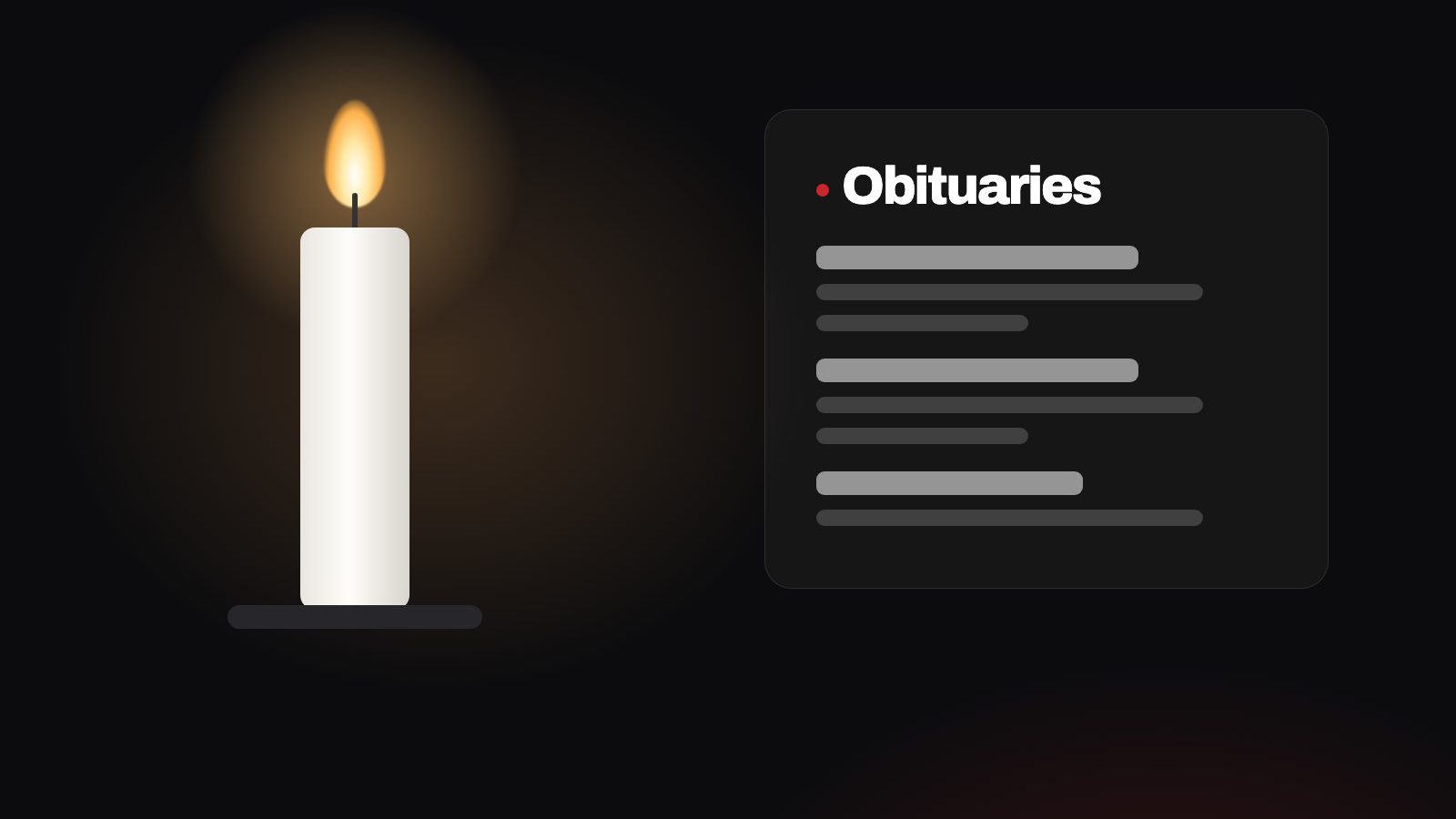 A single lit candle beside an obituaries listing. A single lit candle beside an obituaries listing