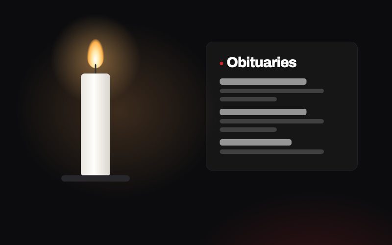 A single lit candle beside an obituaries listing