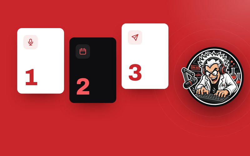 Three numbered cards with a microphone a calendar and a send icon